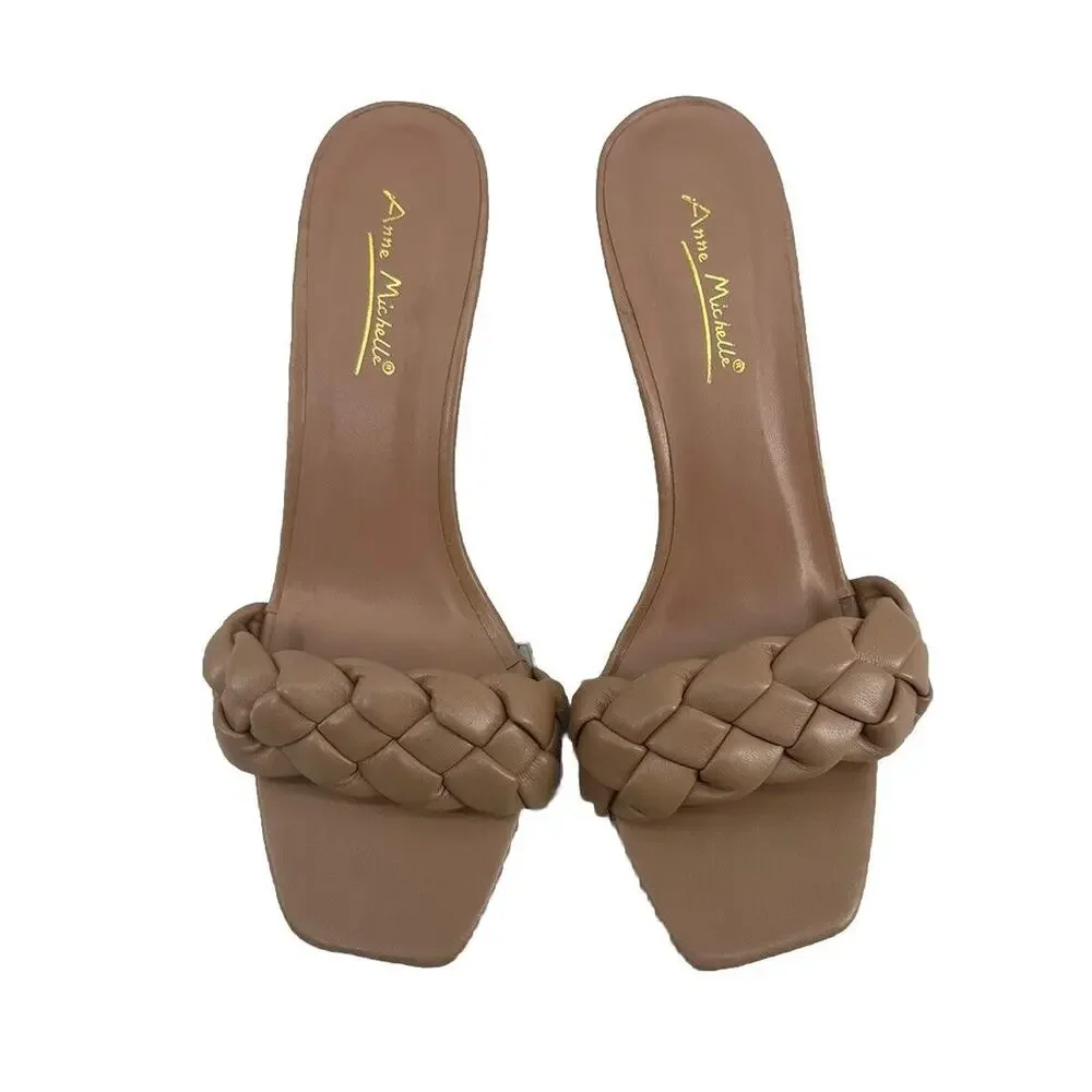 Anne Michele Size 8.5 Women Braided Strep Heels Shoes Sandals Beige